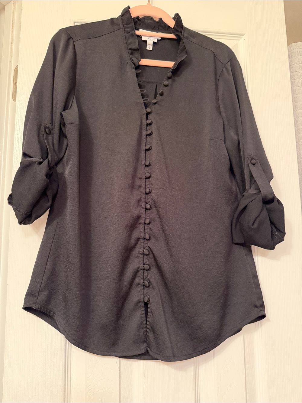 Express Black Button-Front Ruffle Collar Blouse
